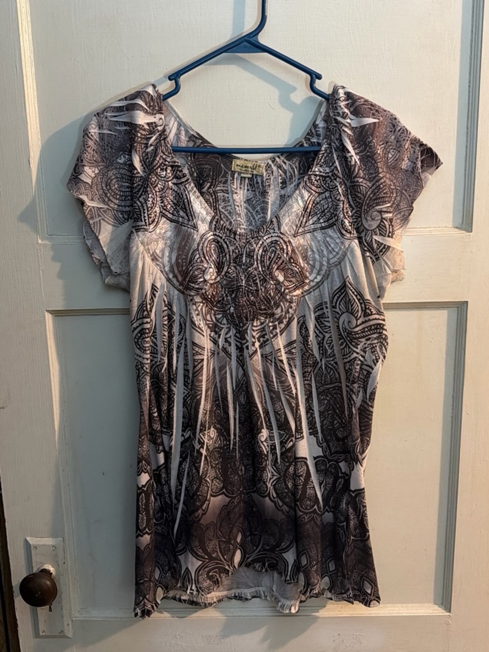 Whimsy y2k vintage Boho Print Cap-Sleeve Women's Top - Black & White
